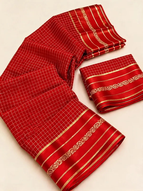 Red_Viscose_Georgette_Checkered_Satin_Border_Saree_For_Women