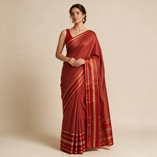 Red_Viscose_Georgette_Checkered_Satin_Border_Saree_For_Women