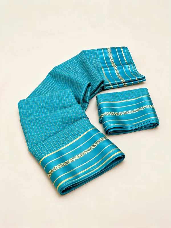 Aqua_Blue_Viscose_Georgette_Checkered_Satin_Border_Saree_For_Women