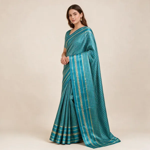 Aqua_Blue_Viscose_Georgette_Checkered_Satin_Border_Saree_For_Women