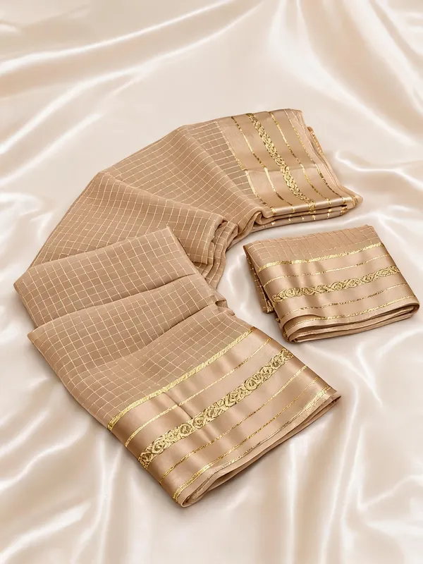 Ivory_Viscose_Georgette_Checkered_Satin_Border_Saree_For_Women