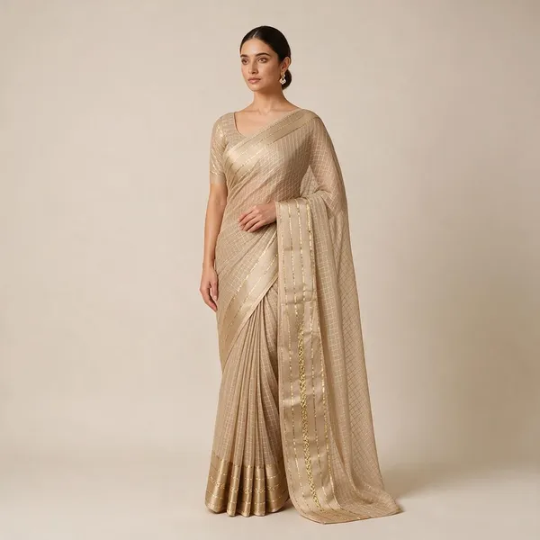 Ivory_Viscose_Georgette_Checkered_Satin_Border_Saree_For_Women