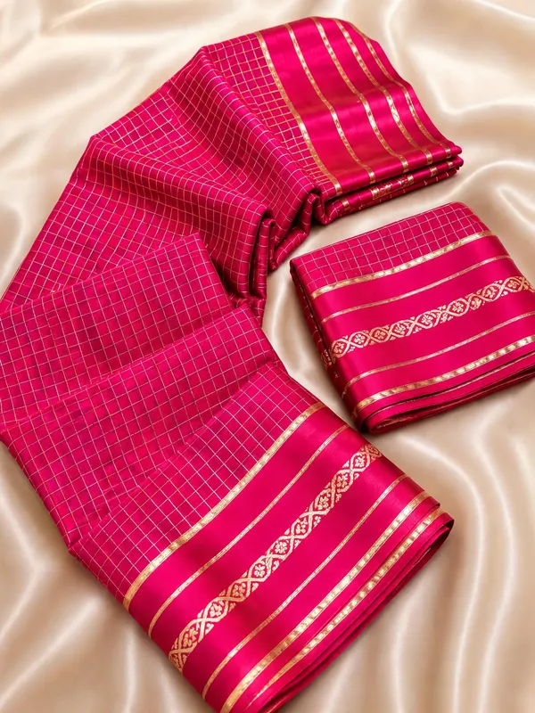 Rani_Pink_Viscose_Georgette_Checkered_Satin_Border_Saree_For_Women