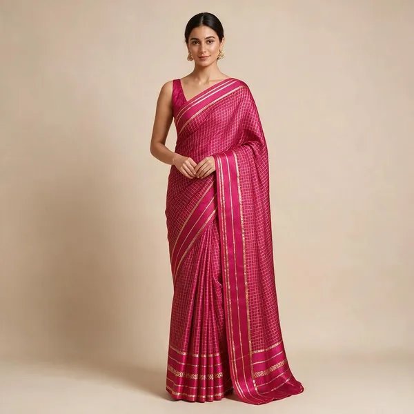 Rani_Pink_Viscose_Georgette_Checkered_Satin_Border_Saree_For_Women