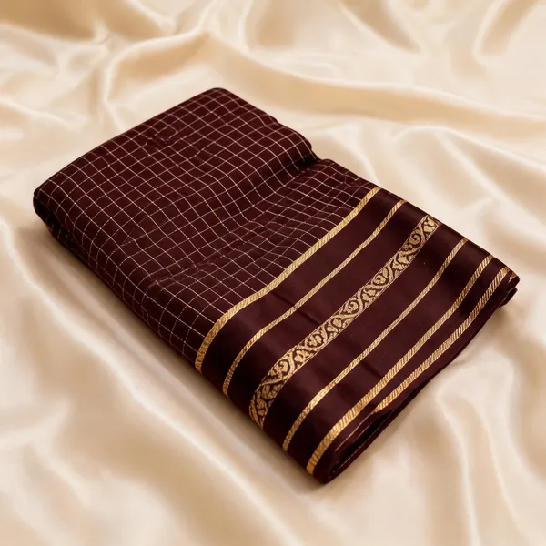 Chocolate_Brown_Viscose_Georgette_Checkered_Satin_Border_Saree_For_Women