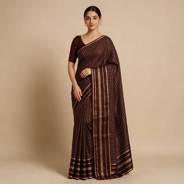 Chocolate_Brown_Viscose_Georgette_Checkered_Satin_Border_Saree_For_Women