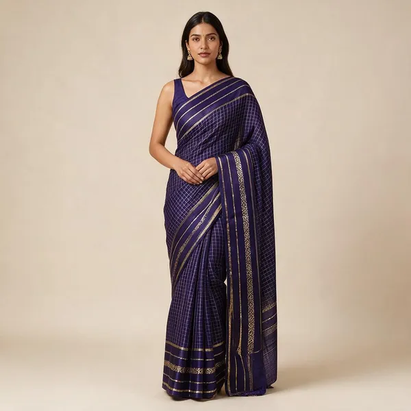 Royal_Blue_Viscose_Georgette_Checkered_Satin_Border_Saree_For_Women