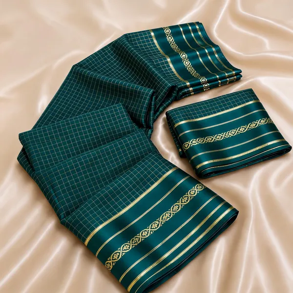 Teal_Green_Viscose_Georgette_Checkered_Satin_Border_Saree_For_Women