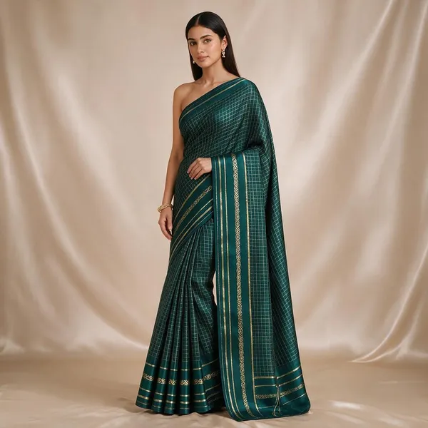 Teal_Green_Viscose_Georgette_Checkered_Satin_Border_Saree_For_Women