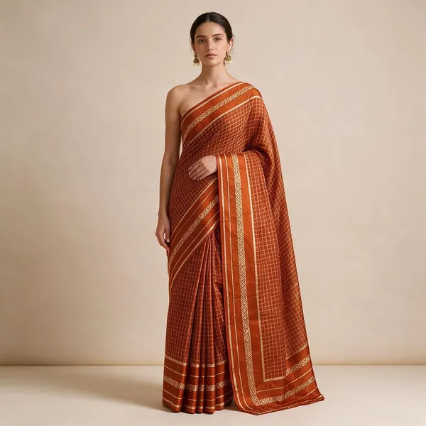 Orange_Viscose_Georgette_Checkered_Satin_Border_Saree_For_Women