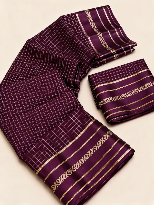 Wine_Purple_Viscose_Georgette_Checkered_Satin_Border_Saree_For_Women