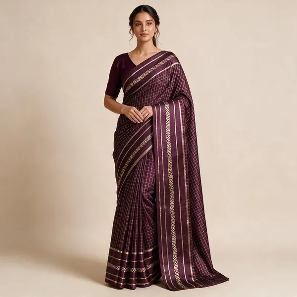 Wine_Purple_Viscose_Georgette_Checkered_Satin_Border_Saree_For_Women
