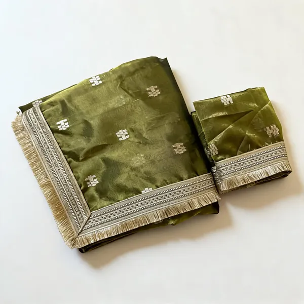 Olive_Green_Tussar_Silk_Jacquard_Buti_Woven_Lace_Border_Saree_For_Women
