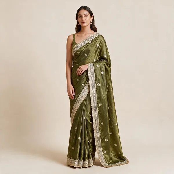 Olive_Green_Tussar_Silk_Jacquard_Buti_Woven_Lace_Border_Saree_For_Women