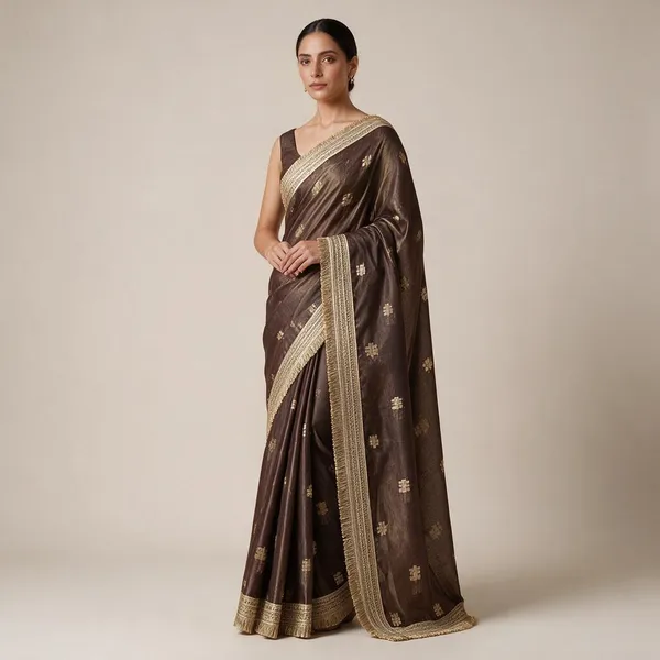 Chocolate_Brown_Tussar_Silk_Jacquard_Buti_Woven_Lace_Border_Saree_For_Women