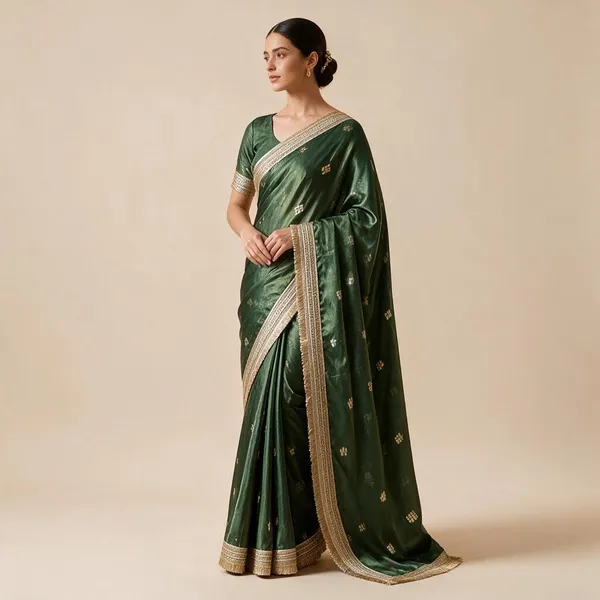 Bottle_Green_Tussar_Silk_Jacquard_Buti_Woven_Lace_Border_Saree_For_Women