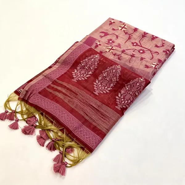 Pink_Silk_Cotton_Blend_Jamdani_Jaal_Woven_Saree_For_Women
