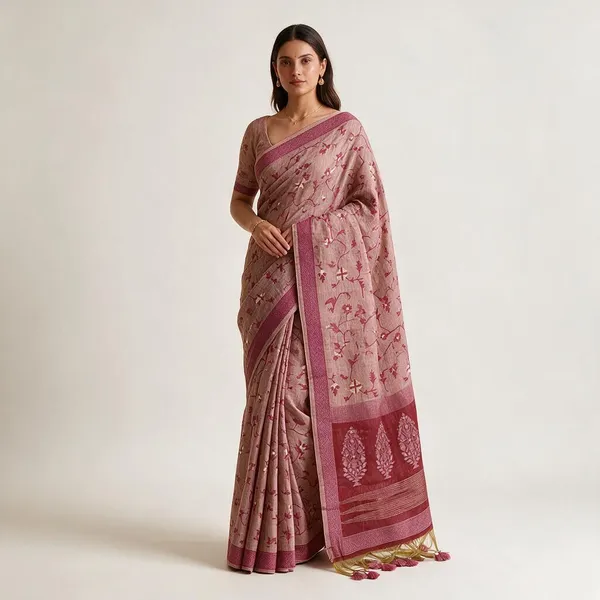 Pink_Silk_Cotton_Blend_Jamdani_Jaal_Woven_Saree_For_Women