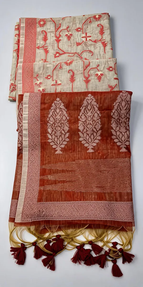 Rust_Orange_Silk_Blend_Jamdani_Jaal_Woven_Festive_Saree_For_Women