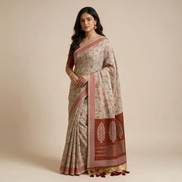 Rust_Orange_Silk_Blend_Jamdani_Jaal_Woven_Festive_Saree_For_Women