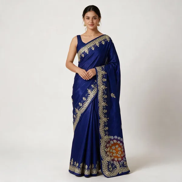 Blue_Space_Silk_Bandhej_Leheriya_Foil_Print_Saree_For_Women