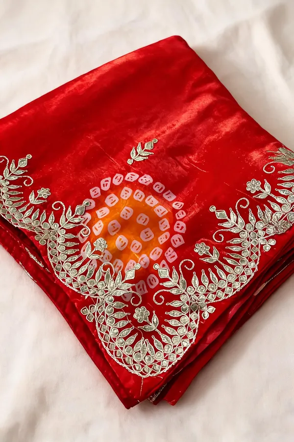 Red_Space_Silk_Bandhej_Leheriya_Print_Gota_Foil_Saree_For_Women