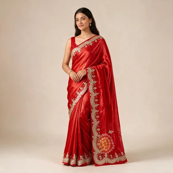 Red_Space_Silk_Bandhej_Leheriya_Print_Gota_Foil_Saree_For_Women