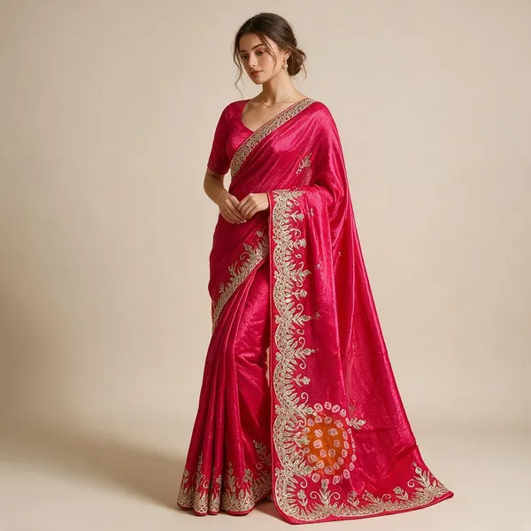 Rani_Pink_Space_Silk_Bandhej_Leheriya_Print_Festive_Saree_For_Women
