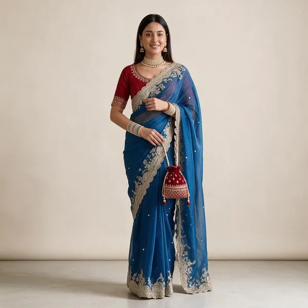 Peacock_Blue_Satin_Sequin_Jaal_Embroidery_Festive_Saree_For_Women