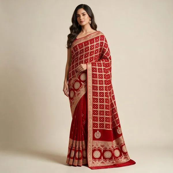 Red_Dola_Viscose_Meenakari_Checks_Gota_Patti_Pallu_Saree_For_Women