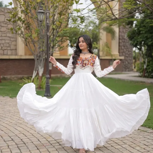 White_Rayon_Mukaish_Gamthi_Embroidery_Flared_Gown_For_Women