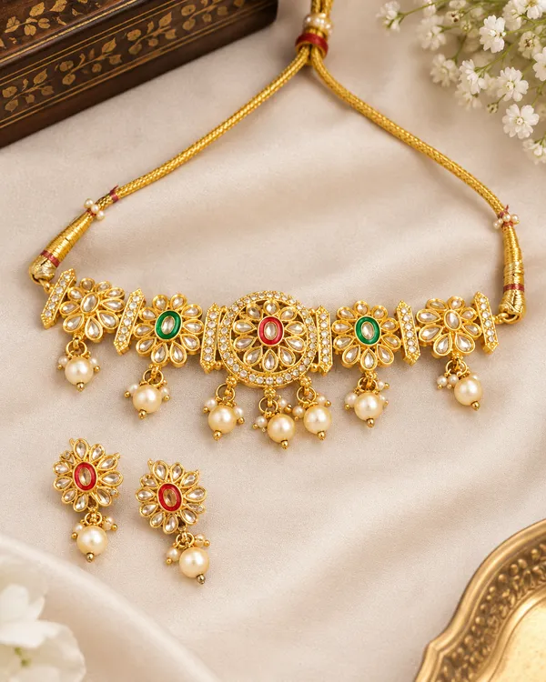 Gold_Alloy_Stone-Studded_Floral_Necklace_And_Earrings_Set_For_Women