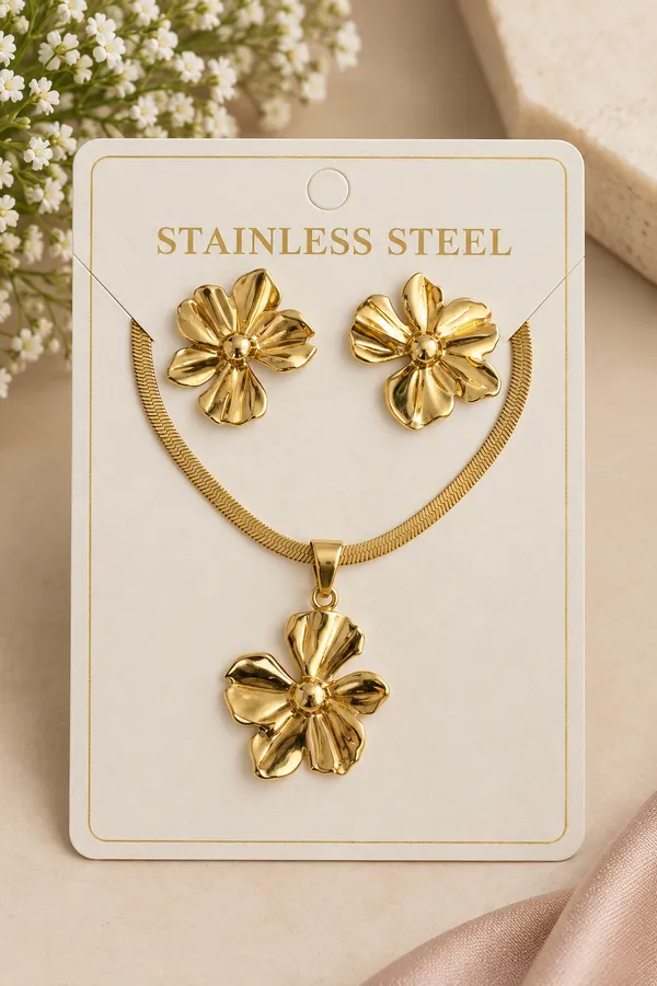 Gold_Stainless_Steel_Floral_Pendant_Necklace_And_Earrings_Set_For_Women