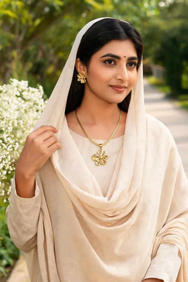 Gold_Stainless_Steel_Floral_Pendant_Necklace_And_Earrings_Set_For_Women