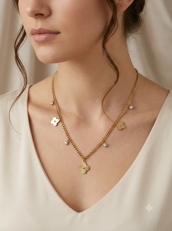 Gold_Stainless_Steel_Floral_Charm_Necklace_For_Women