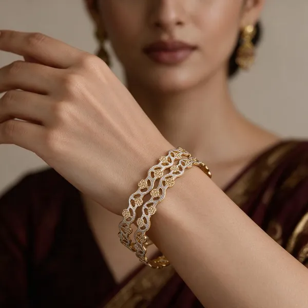 Gold_Silver_Alloy_Two-Tone_Floral_Link_Bangle_Set_For_Women