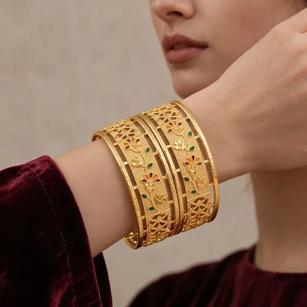 Gold_Alloy_Floral_Embellished_Openwork_Bangle_Set_For_Women