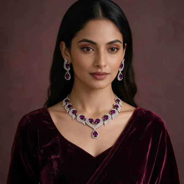 Silver_Purple_Alloy_Teardrop_Crystal_Necklace_And_Earring_Set_For_Women