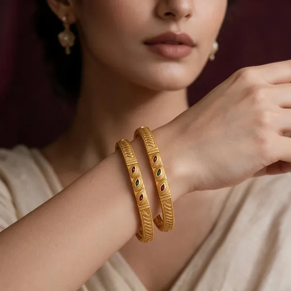 Gold_Alloy_Textured_Red_Green_Stone_Geometric_Bangle_Set_For_Women