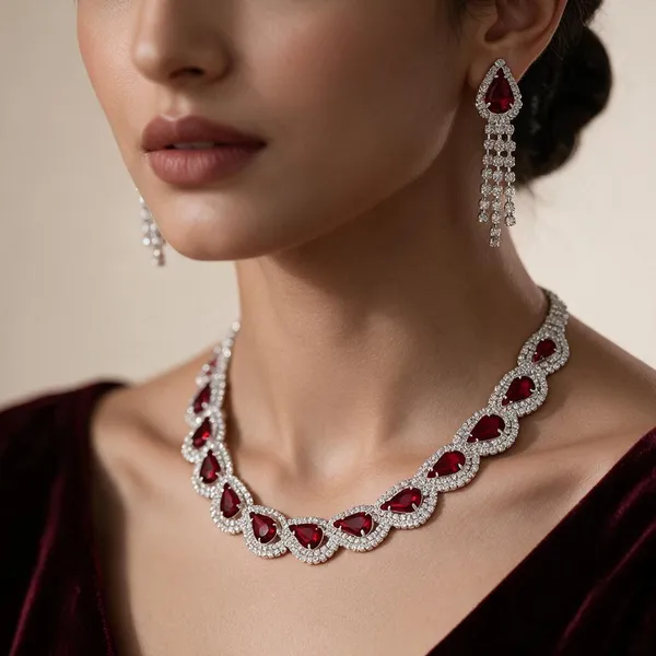 Silver_Red_Alloy_Teardrop_Stone_Necklace_Set_For_Women