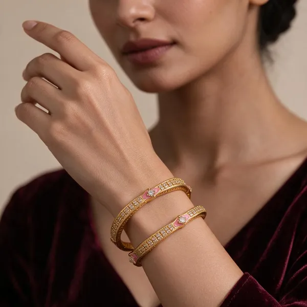 Gold_Alloy_Pink_Enamel_Stone_Accent_Bangle_Set_For_Women
