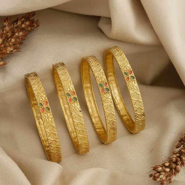 Gold_Alloy_Textured_Floral_Stone_Bangle_Set_For_Women