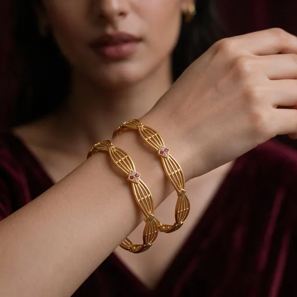 Gold_Alloy_Twisted_Lattice_Red_Stone_Openwork_Bangle_Set_For_Women