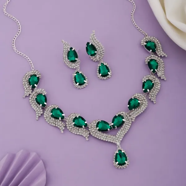 Silver_Green_Alloy_Teardrop_Stone_Necklace_And_Earrings_Set_For_Women