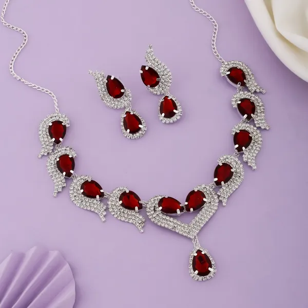 Silver_Red_Alloy_Teardrop_Stone_Necklace_And_Earrings_Set_For_Women