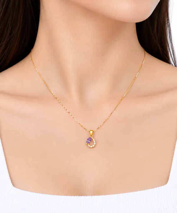 Gold_Alloy_Purple_Stone_Teardrop_Pendant_Necklace_For_Women