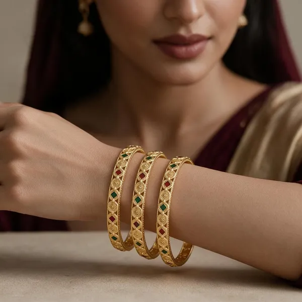Gold_Alloy_Green_Red_Stone_Floral_Bangle_Set_For_Women