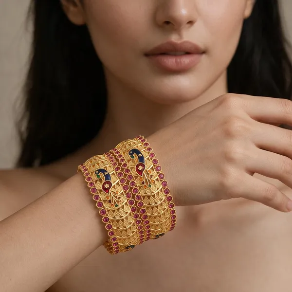 Gold_Alloy_Peacock_Enamel_Stone_Studded_Bangle_Set_For_Women