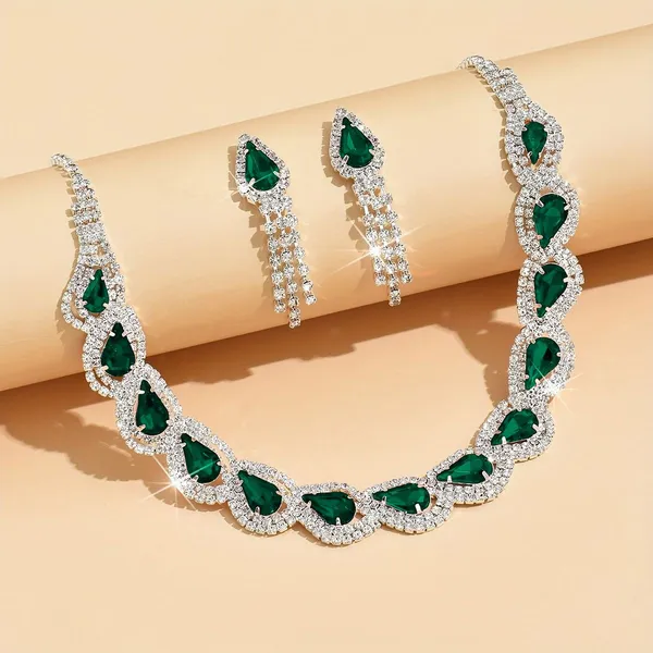 Silver_Green_Alloy_Teardrop_Stone_Necklace_Set_For_Women
