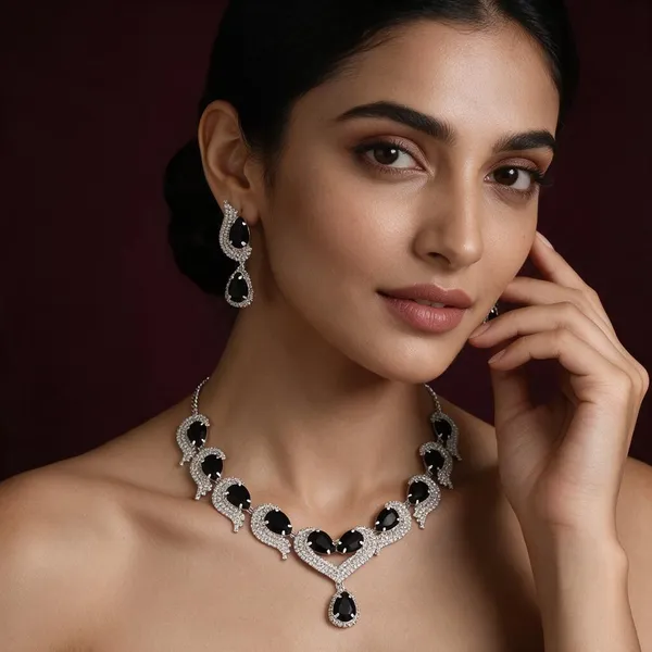Silver_Black_Alloy_Teardrop_Stone_Necklace_And_Earring_Set_For_Women